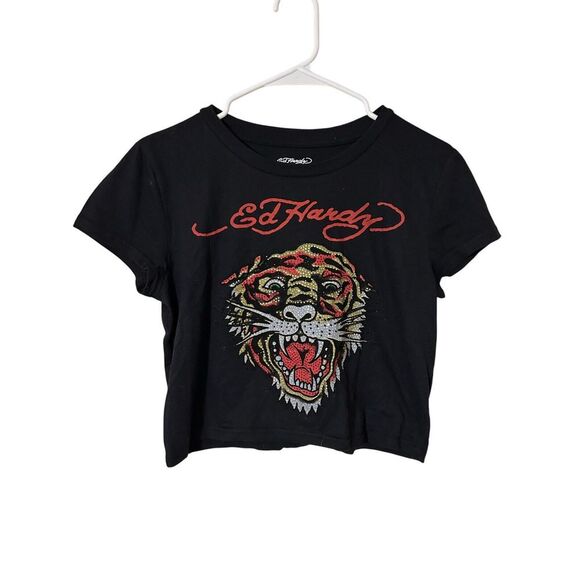 Ed Hardy women's black fitted crop top with tiger face print size xl - Picture 1 of 4